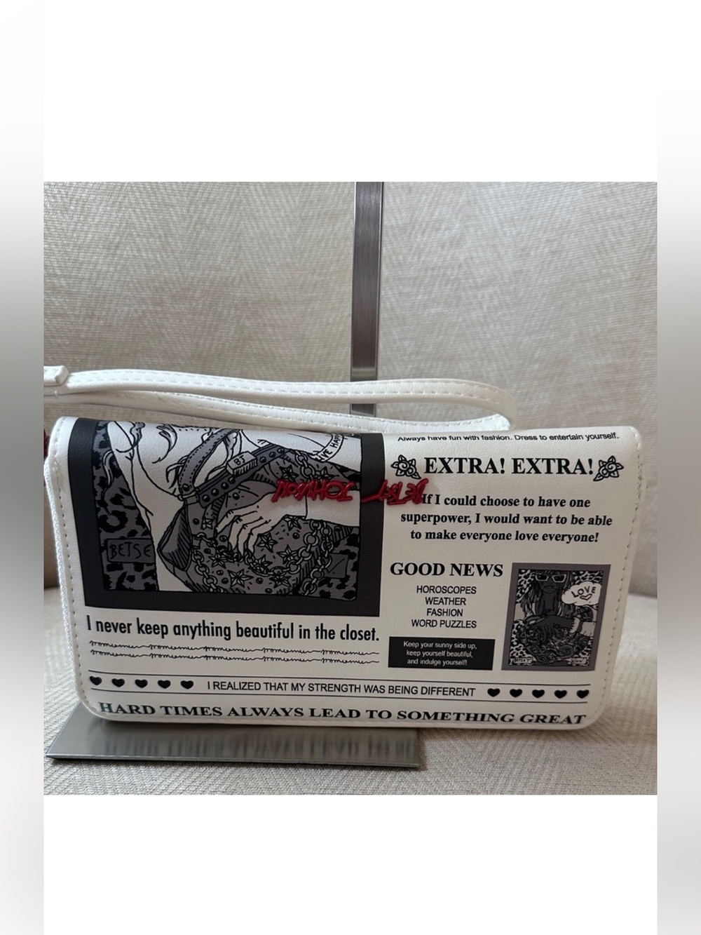 Betsey Johnson White Black Newspaper Print Wristlet